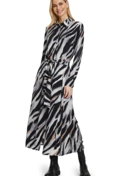 Betty Barclay Hemdblusenkleid Midi- Länge Knopfleiste Bindegürtel Allover- Print schwarz S22 12341529
