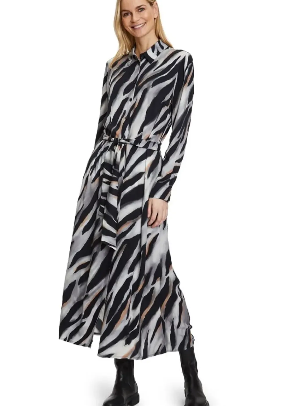 Betty Barclay Hemdblusenkleid Midi- Länge Knopfleiste Bindegürtel Allover- Print schwarz S22 12341529