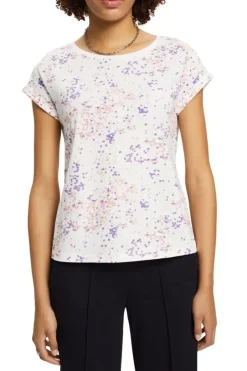 EDC Baumwoll-T-Shirt mit floralem Print weiß S23 023CC1K307