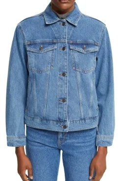 ESPRIT Denim-Jacke reine Baumwolle Schlaufe am Saum blau NOS 992EE1G311
