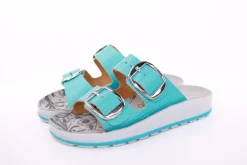 Fußbequem Damen Pantolette Leder weiß, blau S13 D1112