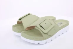 Fuß Bequem Damen Pantolette Leder  Zierschnalle grau grün S14 9008