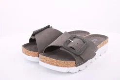 Fuß Bequem Damen Pantolette Leder  Zierschnalle grau grün S14 9008