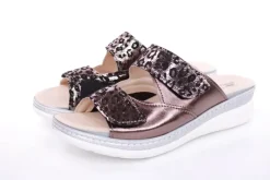 Fußbequem Damen Pantolette Wechselfußbett Stretch- Einsatz metallisch glänzend braun, schwarz S13 5012