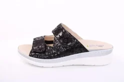 Fußbequem Damen Pantolette Wechselfußbett Stretch- Einsatz metallisch glänzend braun, schwarz S13 5012