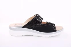 Fußbequem Damen Pantolette Wechselfußbett Stretch- Einsatz metallisch glänzend braun, schwarz S13 5012