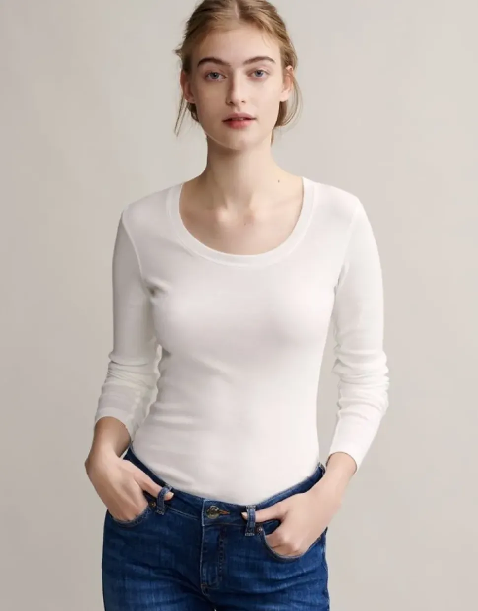 OPUS Langarmshirt Sorana Rundhalsausschnitt schmale Passform weiß, grau S22 236879343