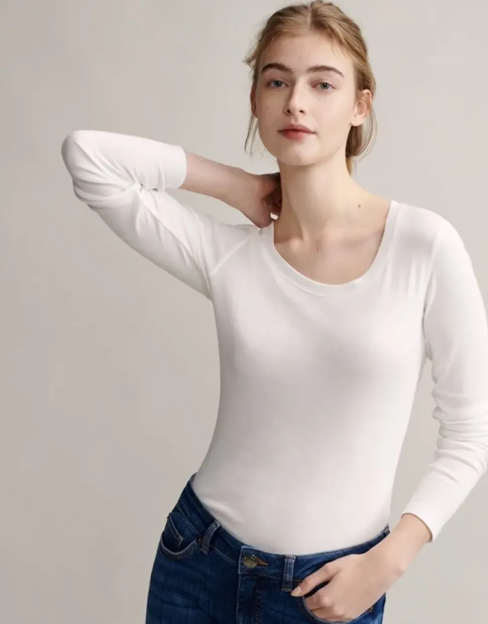 OPUS Langarmshirt Sorana Rundhalsausschnitt schmale Passform weiß, grau S22 236879343