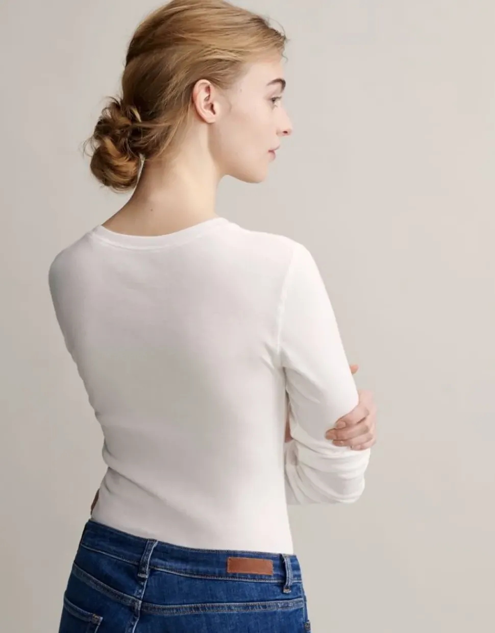 OPUS Langarmshirt Sorana Rundhalsausschnitt schmale Passform weiß, grau S22 236879343
