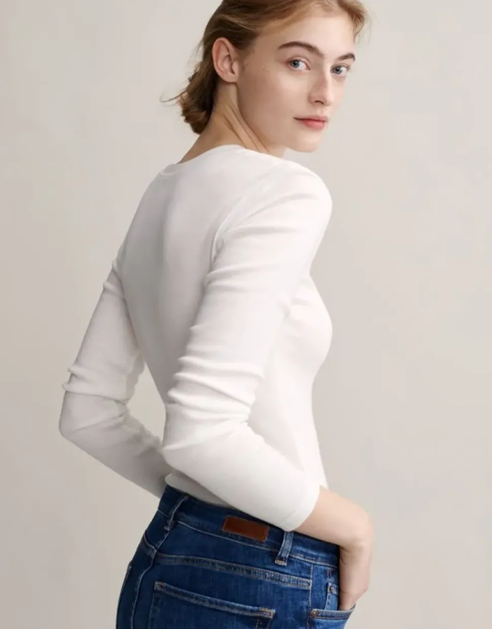 OPUS Langarmshirt Sorana Rundhalsausschnitt schmale Passform weiß, grau S22 236879343
