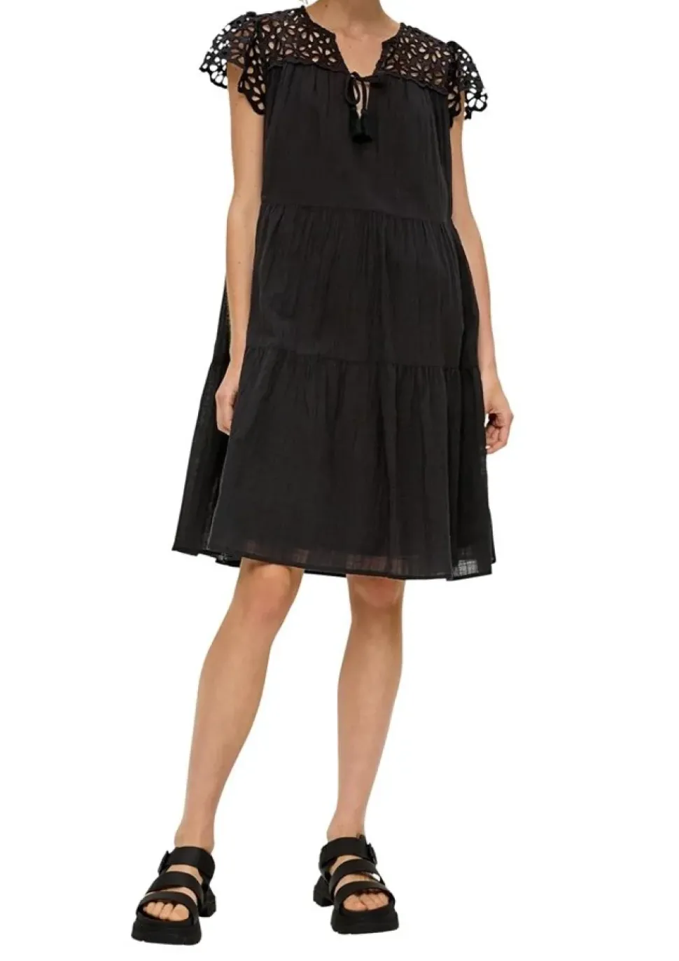 QS designed by Volantkleid mit Broderie Anglaise schwarz S13 2125550