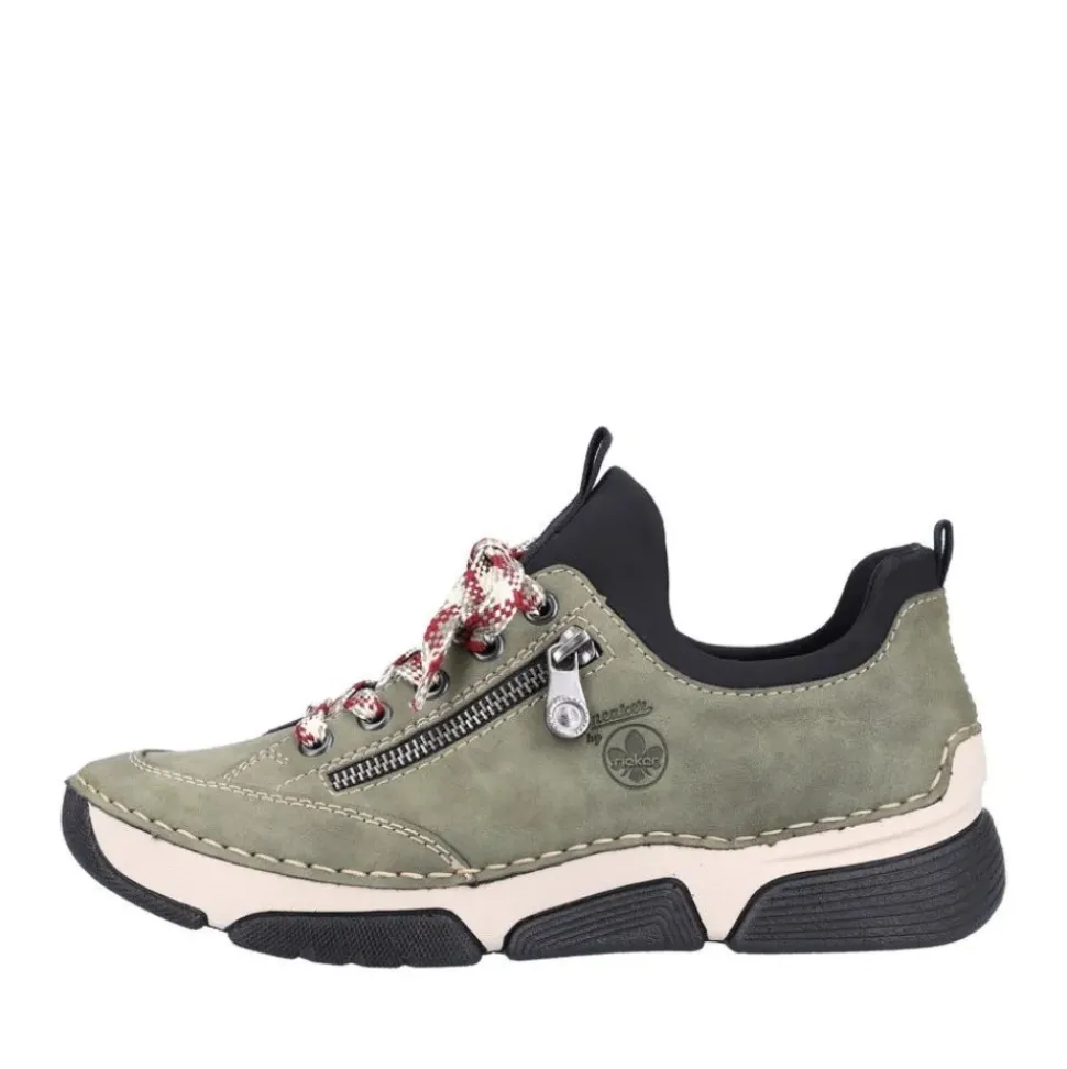 Rieker Antistress Damen Slipper Sneaker Schlupfschaft Zierreißverschluss Wechselfußbett grün S22 45973-54