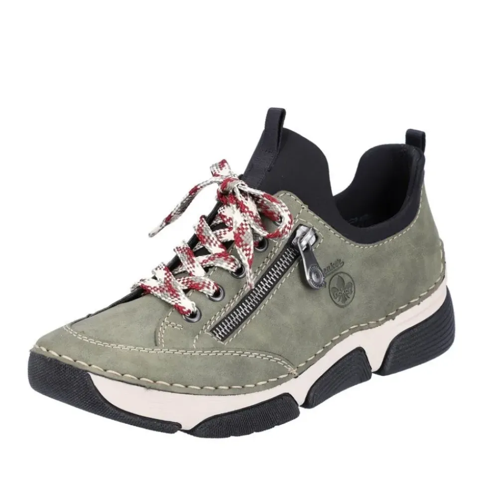 Rieker Antistress Damen Slipper Sneaker Schlupfschaft Zierreißverschluss Wechselfußbett grün S22 45973-54