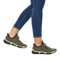 Rieker Antistress Damen Slipper Sneaker Schlupfschaft Zierreißverschluss Wechselfußbett grün S22 45973-54