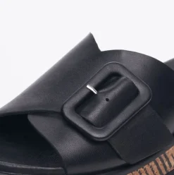 Rieker EVOLUTION Damen Pantolette dekorative Schnalle Sohle Korkoptik Leder schwarz S13 W0803-00