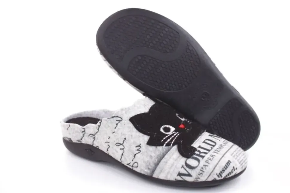 s`knöpfli Damen Hausschuh Pantolette Katzenmotiv Wechselfußbett grau S22 Z27587P