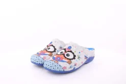 s`knöpfli Damen Hausschuh Pantolette Wechselfußbett Eulenmotiv blau S23 Z29403P