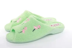 s`knöpfli Damen Pantolette Hausschuh Frottee Flamingo- Motiv grün S13 Z28814