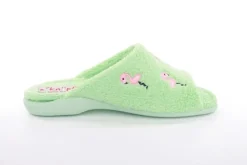 s`knöpfli Damen Pantolette Hausschuh Frottee Flamingo- Motiv grün S13 Z28814