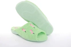 s`knöpfli Damen Pantolette Hausschuh Frottee Flamingo- Motiv grün S13 Z28814