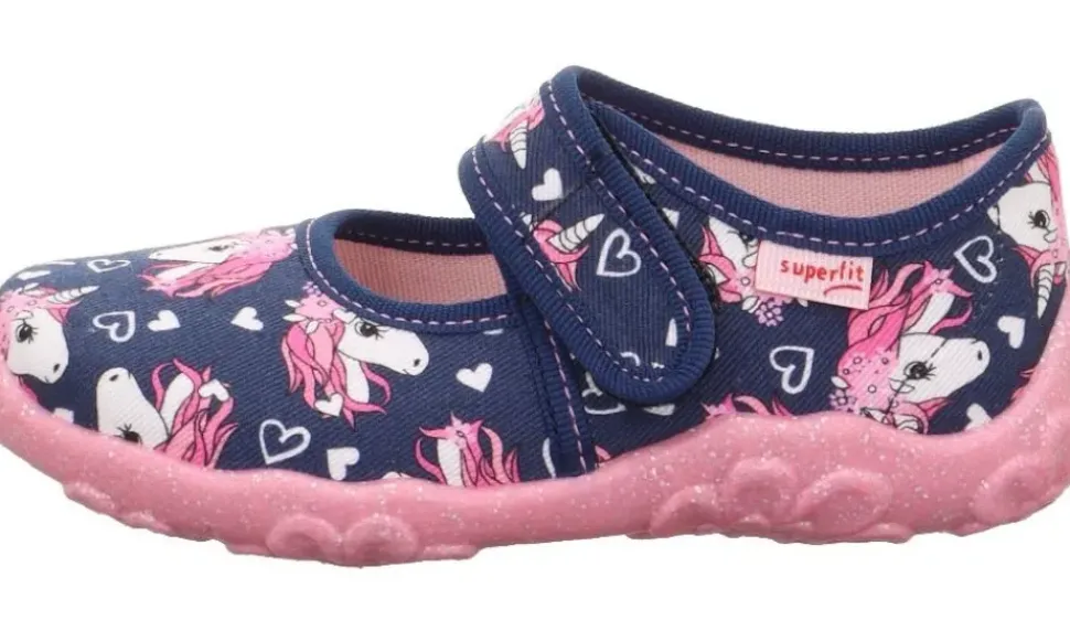 superfit Kinder Hausschuh BONNY Klettverschluss DUNKELBLAU EINHÖRNER 1-800283-8090